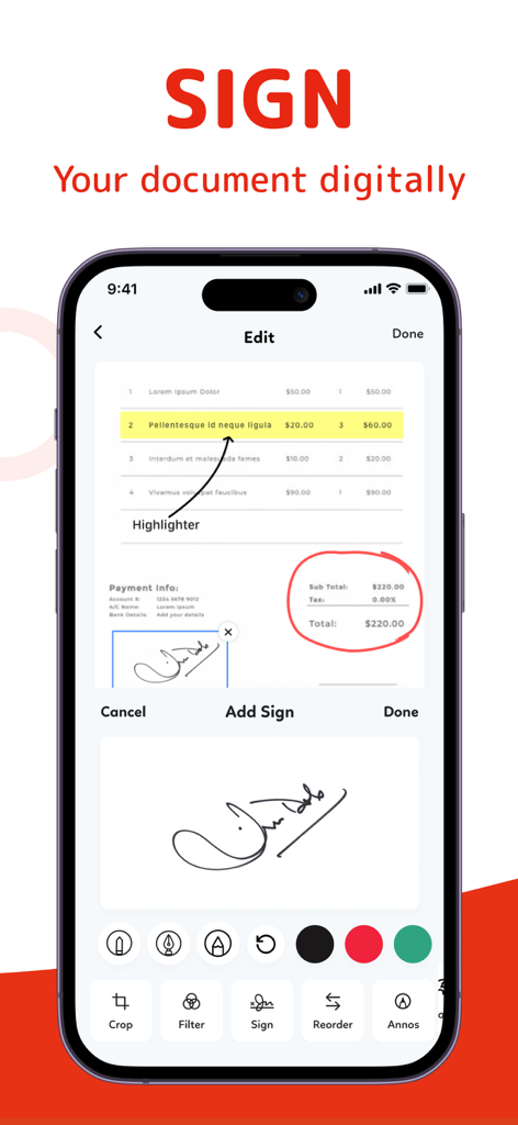 スマートフォンでPDFドキュメントにデジタル署名および注釈を付ける方法を示すモバイルアプリインターフェイス