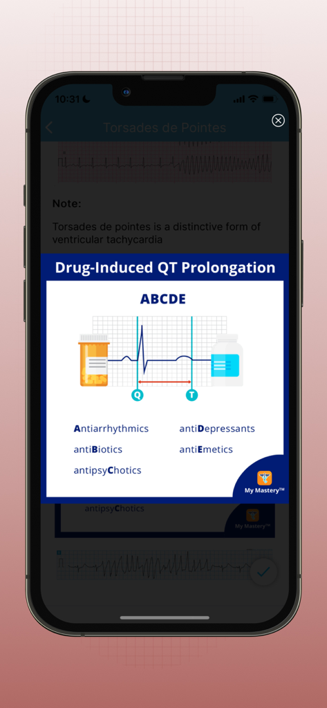ECG EKG Interpretation Mastery - ABCDE mnemonic for drug induced QT prolongation shown in the ECG EKG Mastery app