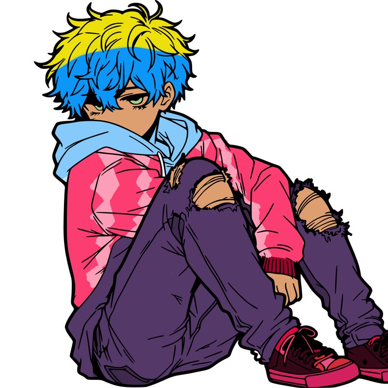 a male hoddie ripped jeans messy hair anime