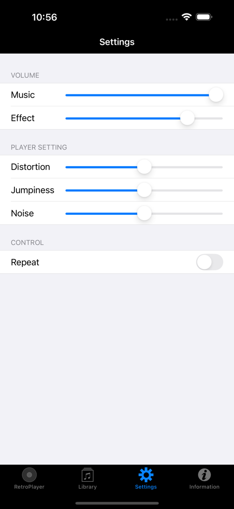 RetroPlayer - RetroPlayer settings screen showing sliders for music volume and vintage audio effects like distortion and noise