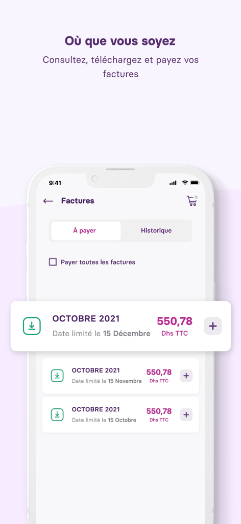 A smartphone screen showing the My inwi app bill payment and invoice management interface