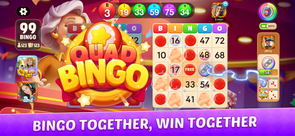 Screenshot di gioco di Bingo Frenzy che mostra il bingo multiplo e le funzionalità di interazione sociale