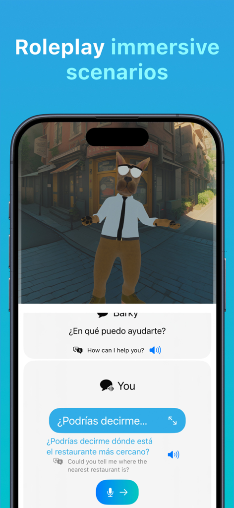 ARLingo: Language Immersion - ARLingo app interface showing an immersive Spanish conversation roleplay with an animated character.