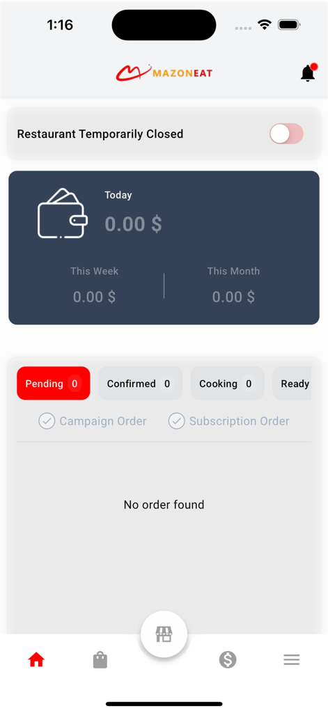 Mazoneat Restaurant - Mazoneat Restaurant vendor app dashboard showing sales earnings and order tracking status.