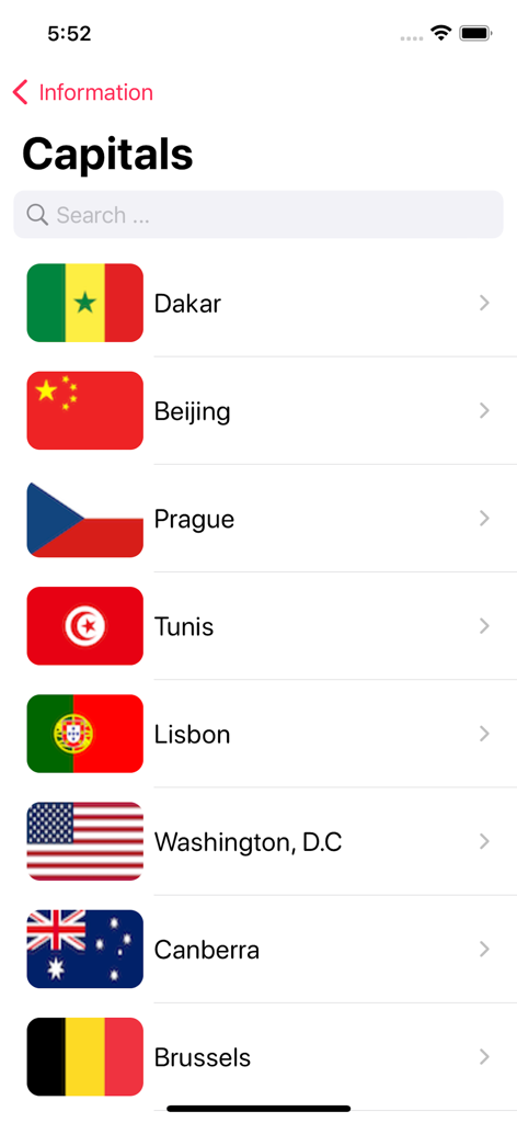 Flags & Countries Quiz! - Mobile app screen showing a list of country flags and their capital cities including Dakar Beijing and Prague