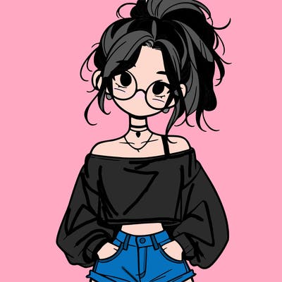 girl with a messy ponytail glasses a baggy crop top and jean shorts