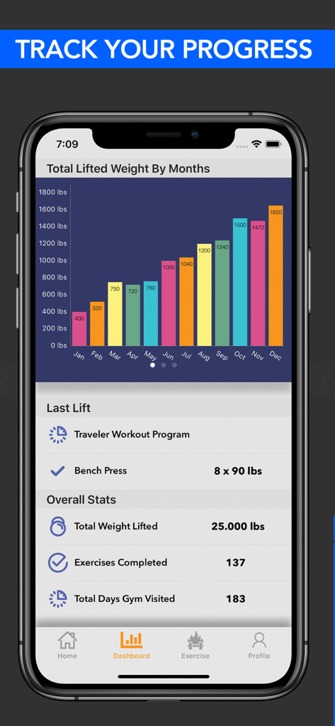 Fitzy AI Fitness & Workout - A mobile dashboard showing a bar chart of total weight lifted by month and overall workout statistics in the Fitzy app