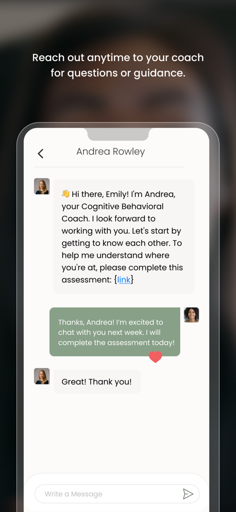 Noble. - Smartphone screen showing a chat interface between a user and a cognitive behavioral coach in the Noble app.
