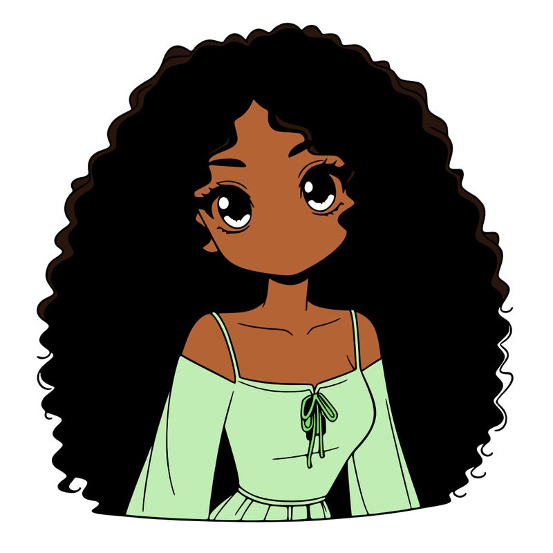 a black anime girl with long afro hair