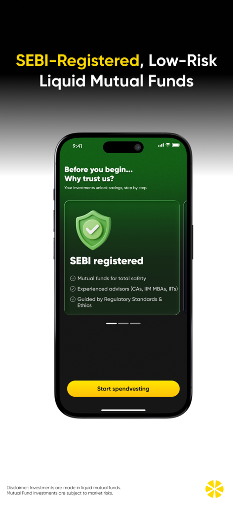 Multipl: Spending Account - Multipl app screen explaining trust and safety with SEBI registration for mutual fund investments