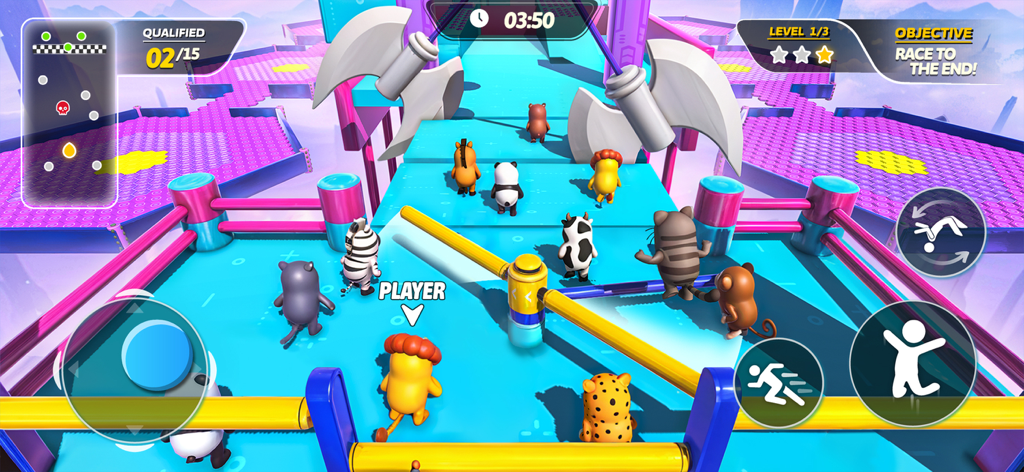 Animal Fall.io - Cute animal characters navigating a vibrant 3D obstacle course in a party royale race