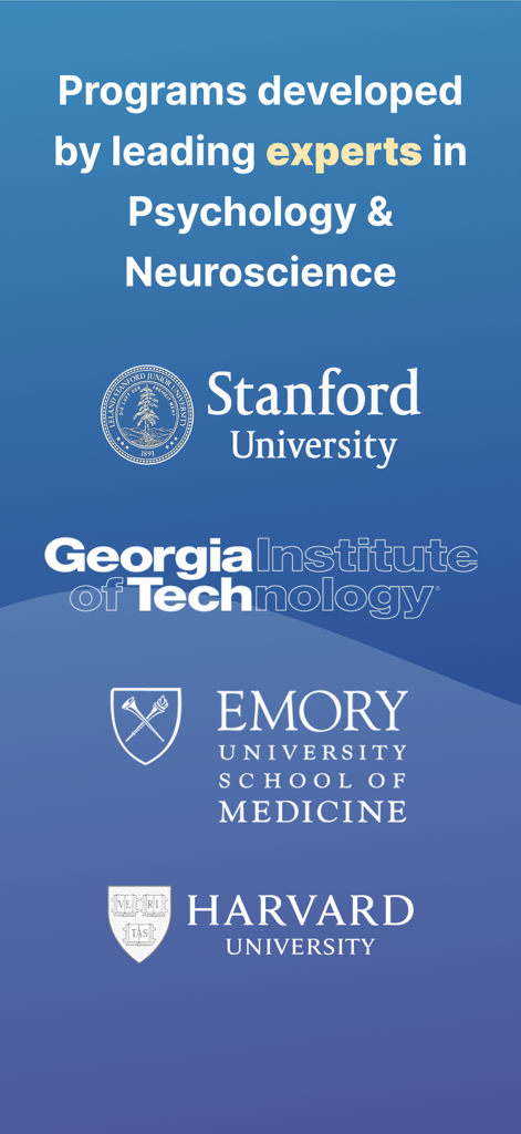 Logos of Stanford, Harvard, Emory, and Georgia Tech universities representing the neuroscience experts behind Reframe
