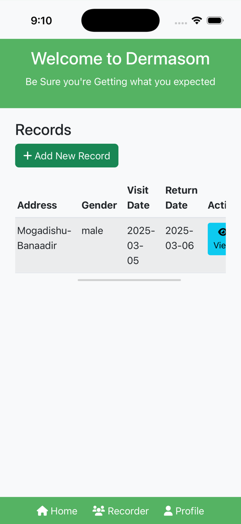 Dermasom - The records dashboard in the Dermasom app displaying a table of data entries with an add new record button.