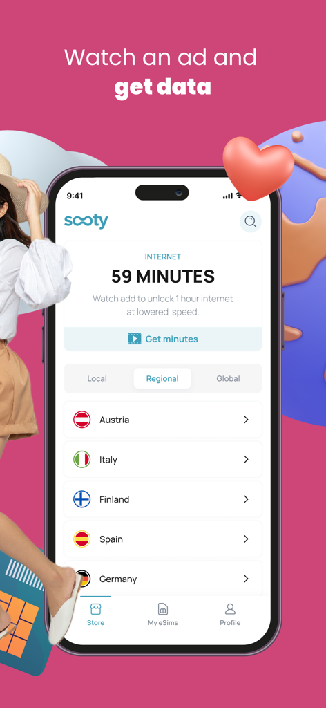 Interface do aplicativo Sooty eSIM mostrando dados de internet gratuitos ganhos assistindo a anúncios com planos regionais para países europeus