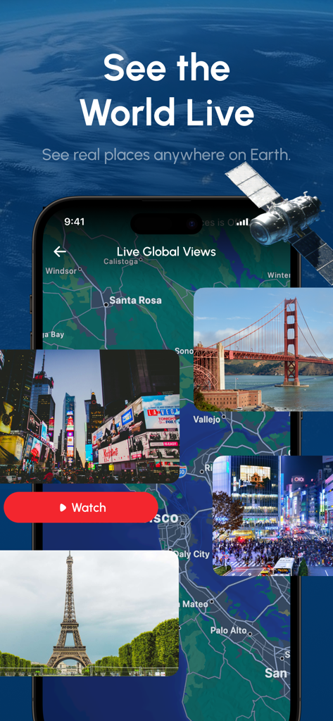 WorldScope: Live Earth Map - WorldScope app interface showing live global views and famous landmarks on a 3D earth map