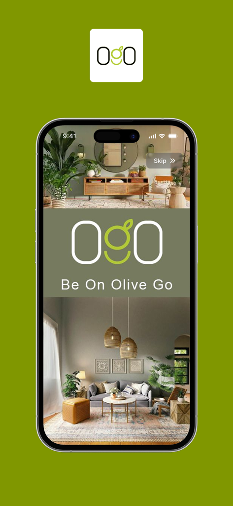OGO Home - OGO Home 모바일 앱 스플래시 화면, 브랜드 로고와 슬로건 Be On Olive Go 표시