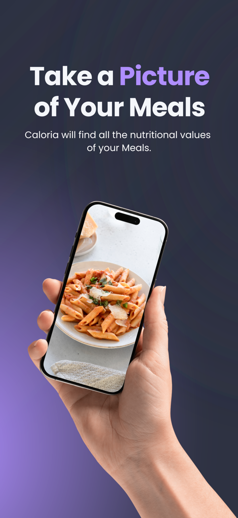 Caloria: Track calories Chat - A hand holding a smartphone showing a photo of a pasta dish being scanned by the Caloria app for nutritional tracking
