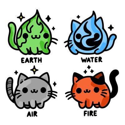 4 cats that represent the different elements, earth, water, air, and fire