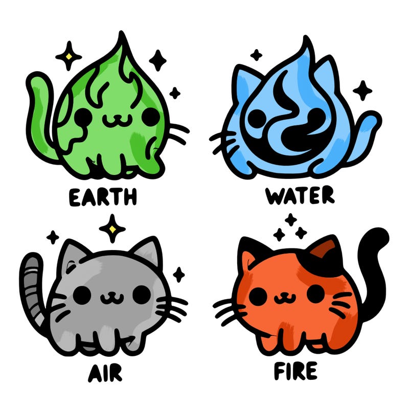 4 cats that represent the different elements, earth, water, air, and fire