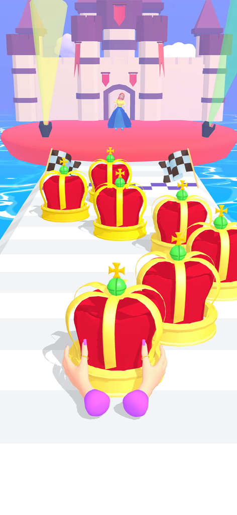 Princess Dress up Wedding Game - プレイヤーの手が、王城に向かうトラックで金色の王冠を集めている。