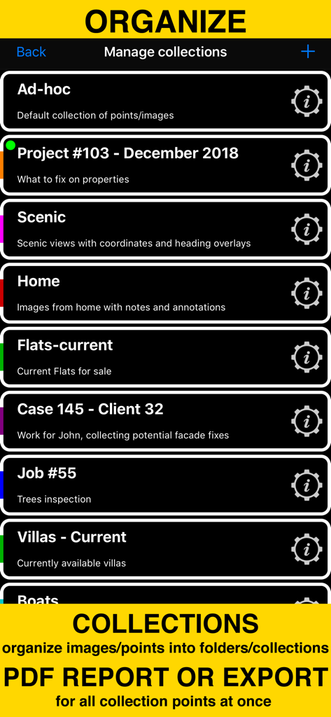 GPS Camera 55. Field Survey - Screen showing folders and collections to organize field survey photos and generate PDF reports
