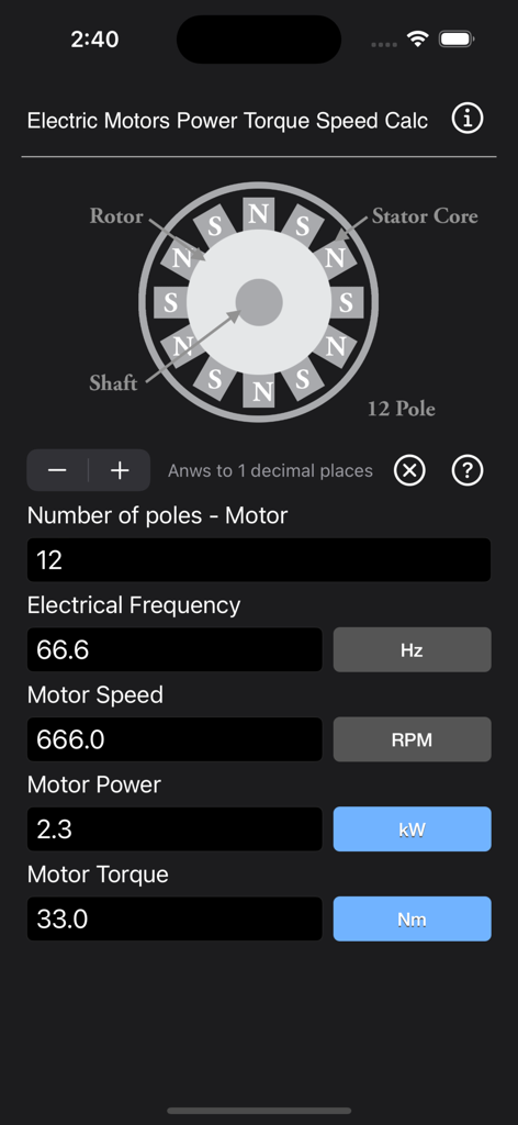 Oberfläche der App Electric Motors Speed Calc, die ein Motor-Pol-Diagramm und Eingabefelder für Frequenz, Geschwindigkeit, Leistung und Drehmoment zeigt