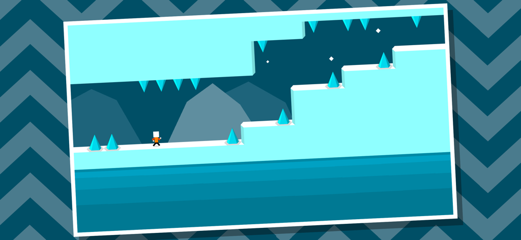 Mr Jump S - Mr Jump S character navigating a minimalist icy level with blue spikes and platform stairs