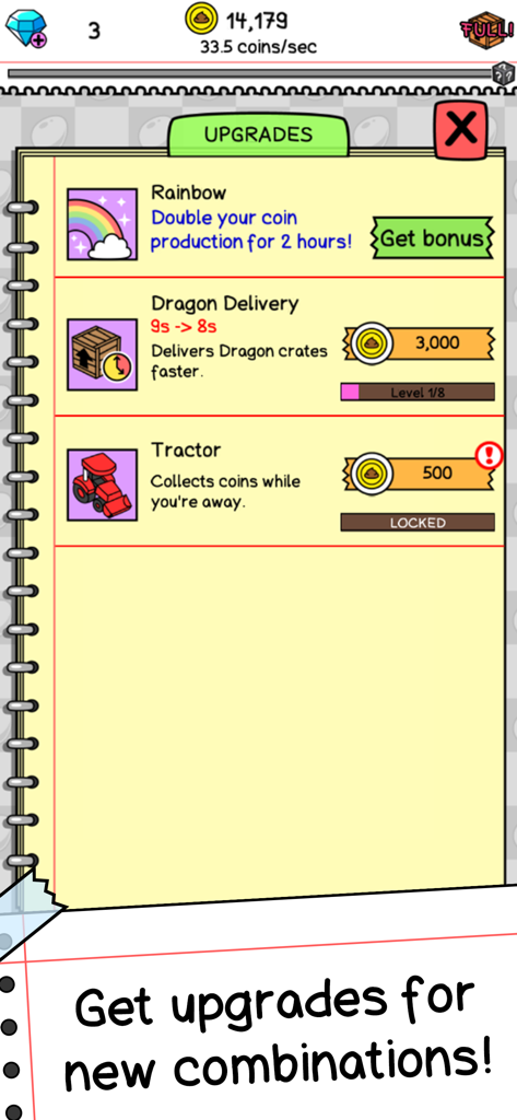 Upgrades menu in Dragon Evolution: Merge Beast showing Rainbow bonus, Dragon Delivery, and Tractor upgrades.