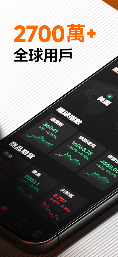 Pantalla de smartphone mostrando índices bursátiles globales y futuros de materias primas en la app Futu Niuniu