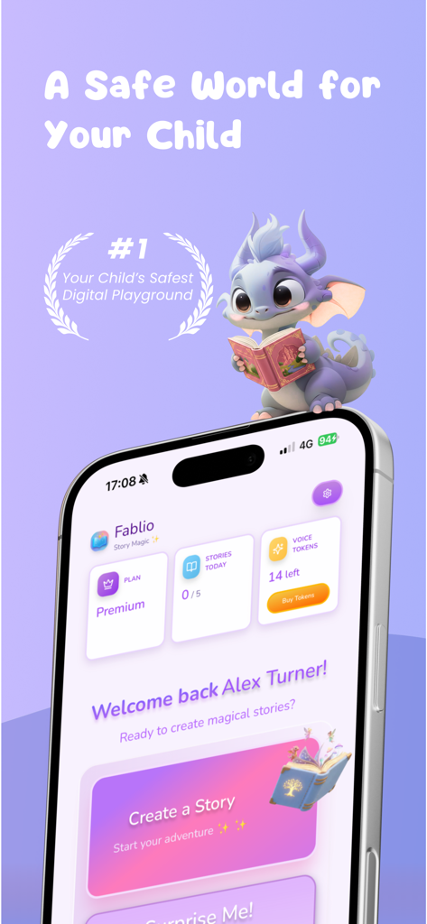 Fablio - Create Your Story! - Fablio app dashboard featuring a 3D dragon mascot and story creation options