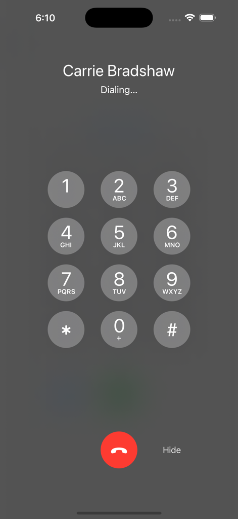 DialBack - Outgoing call screen of the DialBack app showing a dial pad and contact name
