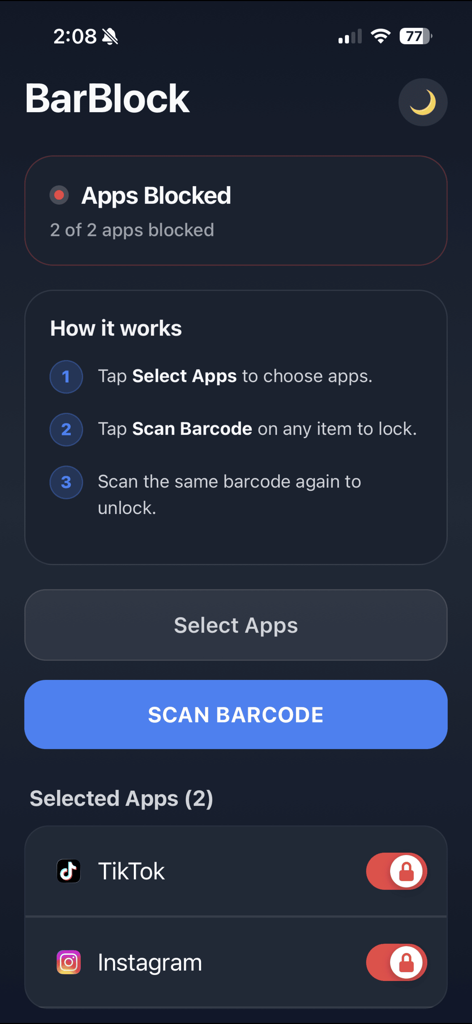 BarBlock: Barcode App Blocker - El panel principal de la aplicación BarBlock que muestra TikTok e Instagram bloqueados y un botón grande para escanear un código de barras para desbloquear.
