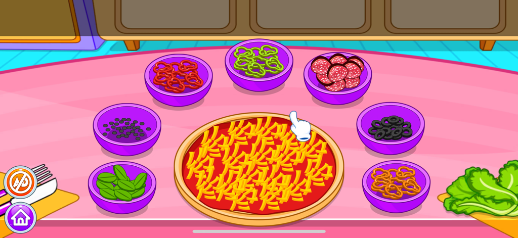 Pizza and Unicorn Cake Maker - Una pantalla de decoración de pizza con varios cuencos de ingredientes y un cursor de mano de dibujos animados.