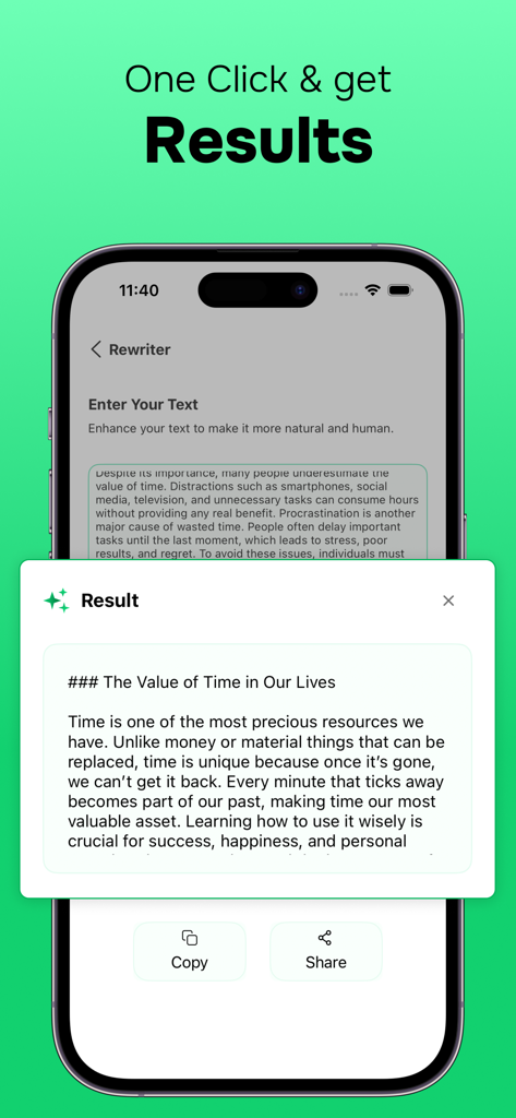 Mobile app interface showing AI rewritten text result with copy and share options