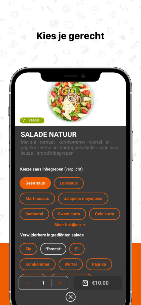Come - Back - Una pantalla de aplicación móvil de Come - Back que muestra opciones de personalización para un pedido de ensalada vegetariana