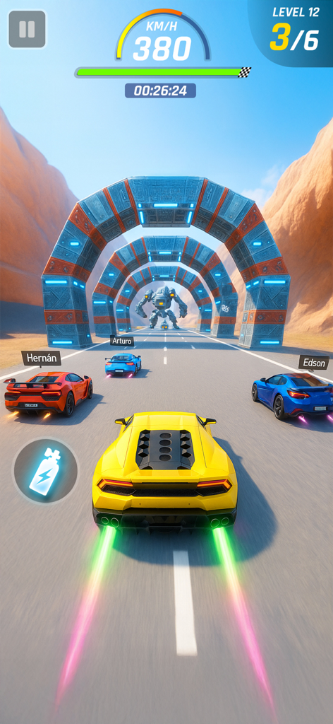 Car Racing 3D: Race Master - Super carro amarelo correndo por arcos de pedra em Car Racing 3D