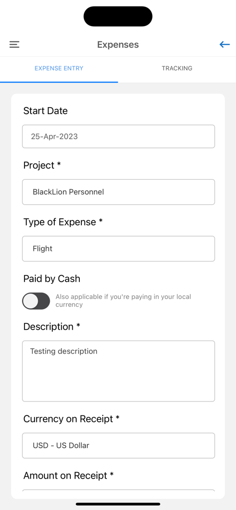 Uma interface móvel para inserir despesas no Safelink App, apresentando campos para nome do projeto, tipo de despesa e descrição.