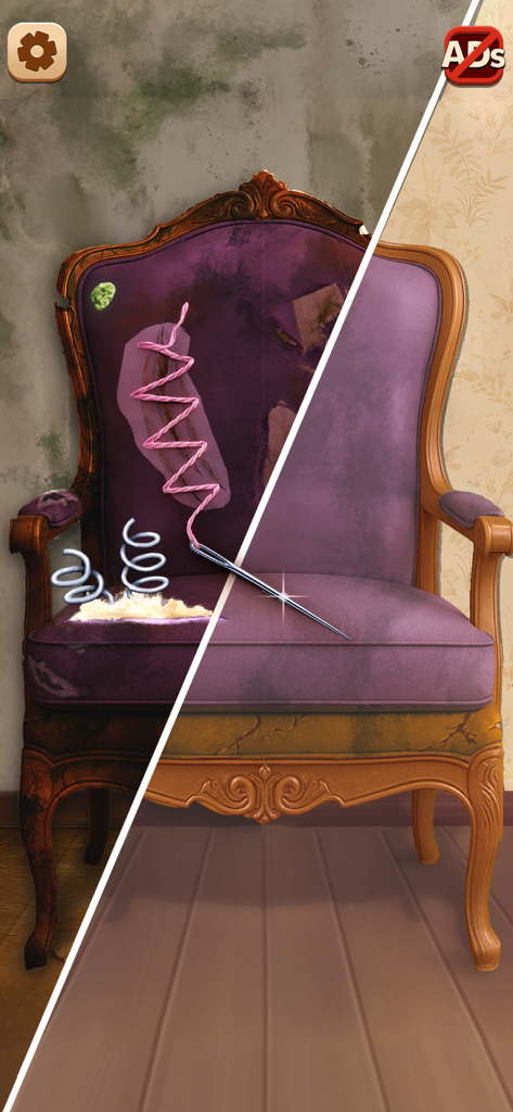 Before and after comparison of a purple armchair being repaired and cleaned in the game