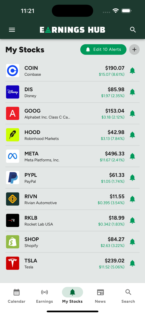 Interface de l'application Earnings Hub montrant une liste de surveillance personnalisée des actions avec les prix et les alertes