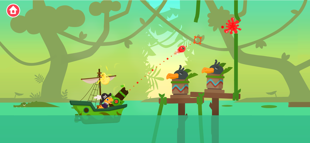 Dinosaur Pirate Games for kids - A dinosaur pirate ship shooting a cannon in a swamp level
