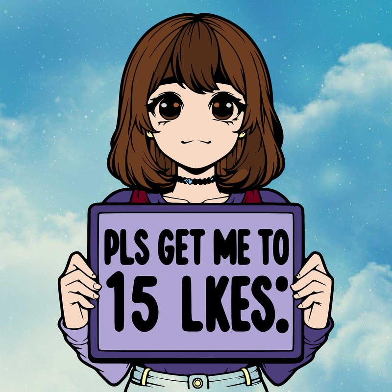 realistic girl holding up a sign that says “pls get me to 15 likes!”