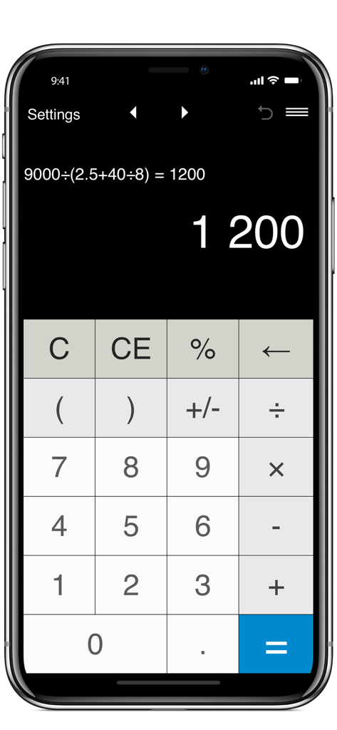 Interfaccia calcolatrice mobile che mostra un'espressione multi-step con parentesi e risultato su un tema scuro.