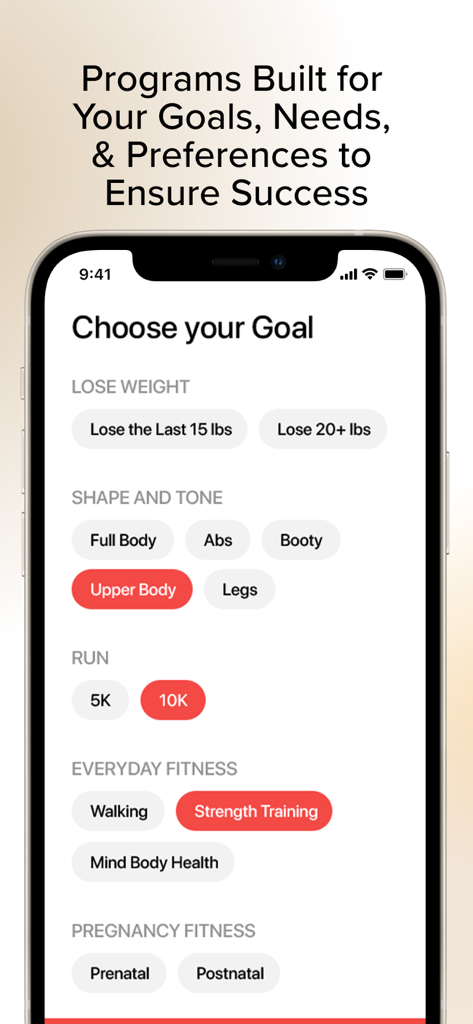 Jillian Michaels | Fitness App - Bildschirm zur Auswahl des Fitnessziels in der Jillian Michaels App mit Kategorien für Gewichtsverlust, Form & Tonus, Laufen, tägliche Fitness und Schwangerschafts-Fitness