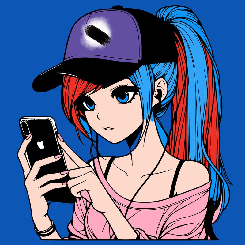 realistic girl with a long ponytail and trucker hat holding an iphone