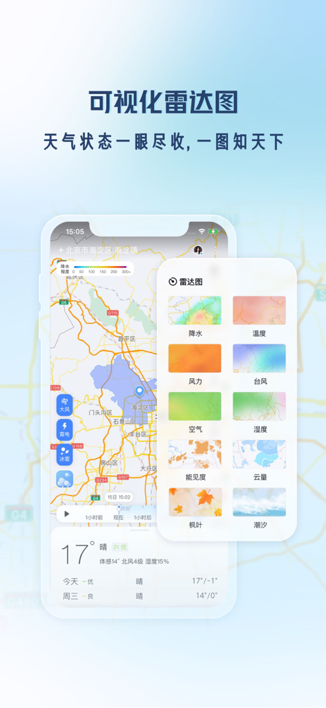 Weather Pass Pro mobile app displaying a visualized weather radar map with multiple data overlays