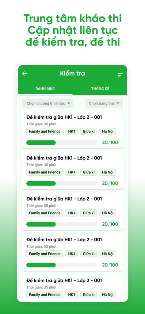 Easy Class app exam center screen displaying English tests for Grade 2