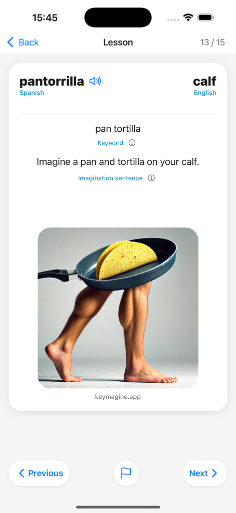 Keymagine - A visual mnemonic in the Keymagine app showing a pan and tortilla on a calf to help learn the Spanish word pantorrilla