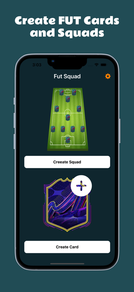Home screen of the FC 26 FUT Card Squad Creator app showing options to create a squad and a custom card