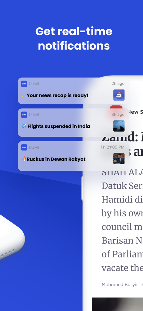 Lumi News app interface displaying real time breaking news notifications and alerts