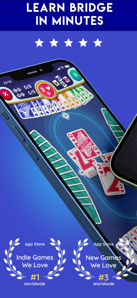 Mobile phone displaying Tricky Bridge gameplay with App Store awards and the slogan Learn Bridge in Minutes.